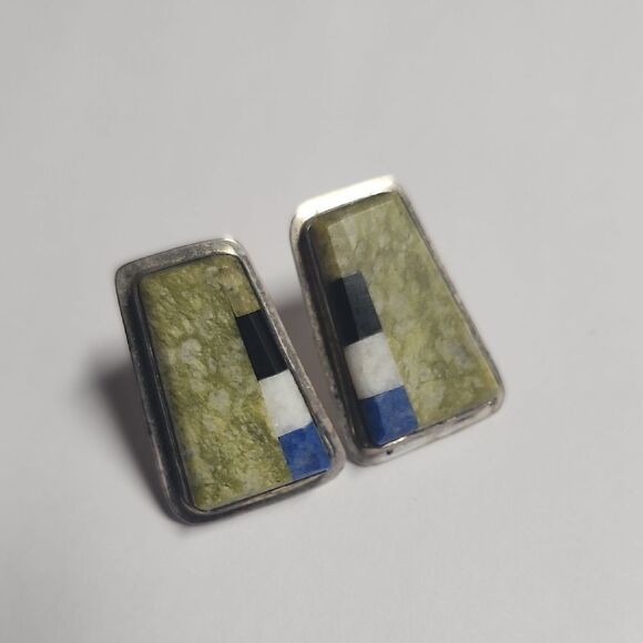 Geometric Stone Inlay Earrings Sterling Silver 925 Signed EP 925 - Picture 1 of 4